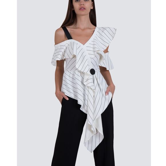 SELF-PORTRAIT Women's Asymmetric Striped Crepe Top Size 6 In Plaid - Picture 1 of 11